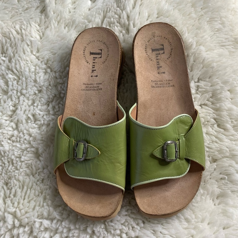 Think! Green Leather Slide Sandal Cork EU Sz 40 US Sz 9